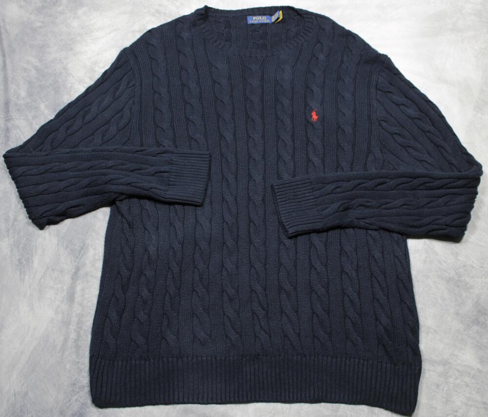 Polo Ralph Lauren Sweater Mens 2XL Blue Cotton Cable Knit Crewneck Pullover